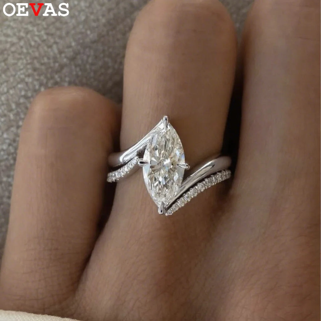 OEVAS 3CT Marquise Cut Moissanite Two Rings 100% S925 Silver Double row Ring for Women Wedding Party Fine Jewelry