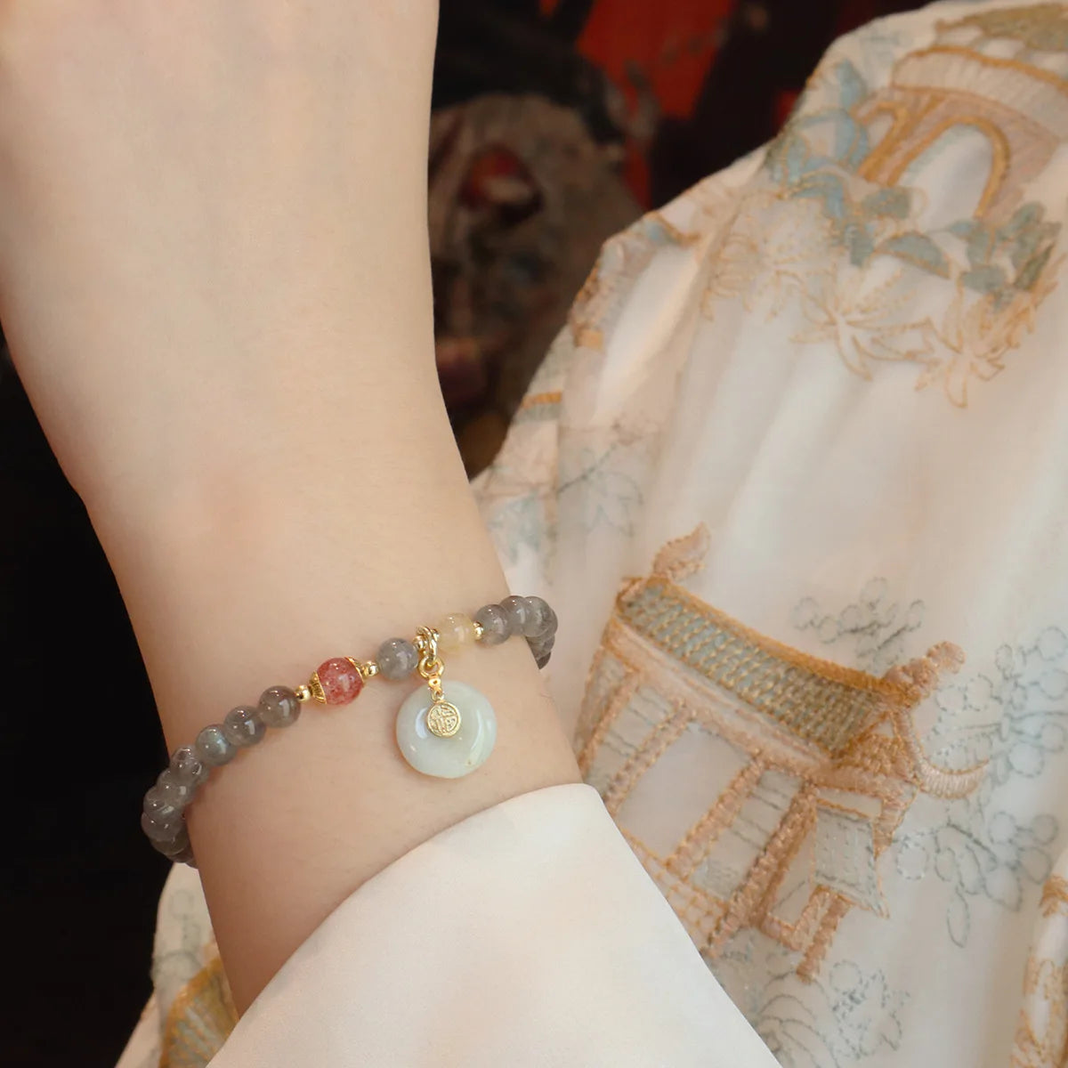 6MM Gray Moonstone Bracelet with Citrine&Strawberry Quartz, Freshwater Pearl Beaded Elastic Jewelry, Boho Healing Gift for Women