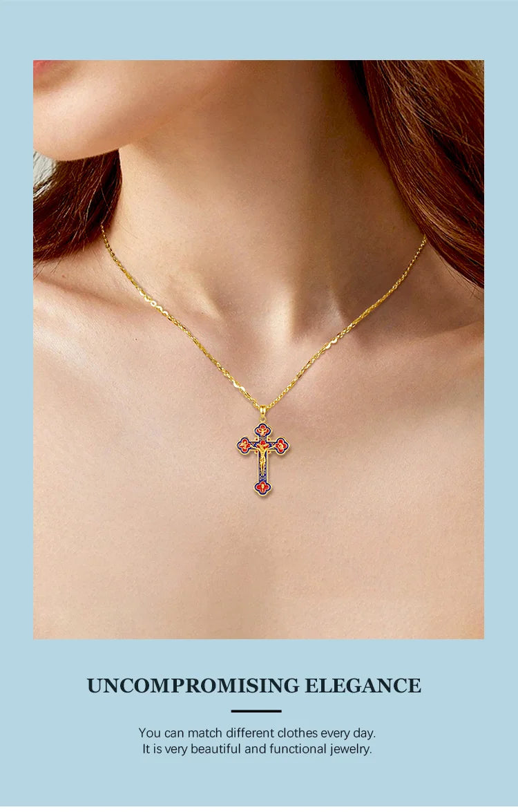 Eudora 925 Sterling Silver Jesus Crucifix Cross Necklace 18K Gold Angel Prayer Amulet Christian Pendant Exquisite Enamel Jewelry