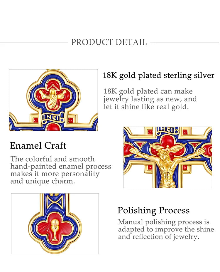Eudora 925 Sterling Silver Jesus Crucifix Cross Necklace 18K Gold Angel Prayer Amulet Christian Pendant Exquisite Enamel Jewelry