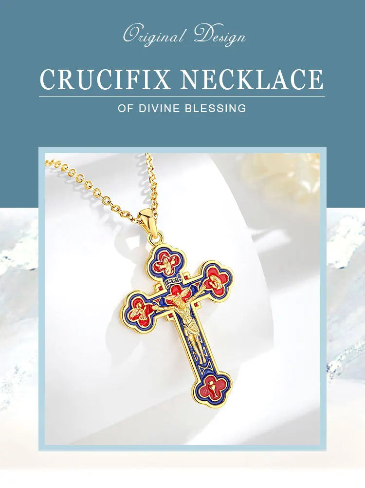 Eudora 925 Sterling Silver Jesus Crucifix Cross Necklace 18K Gold Angel Prayer Amulet Christian Pendant Exquisite Enamel Jewelry