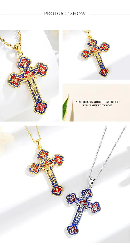 Eudora 925 Sterling Silver Jesus Crucifix Cross Necklace 18K Gold Angel Prayer Amulet Christian Pendant Exquisite Enamel Jewelry