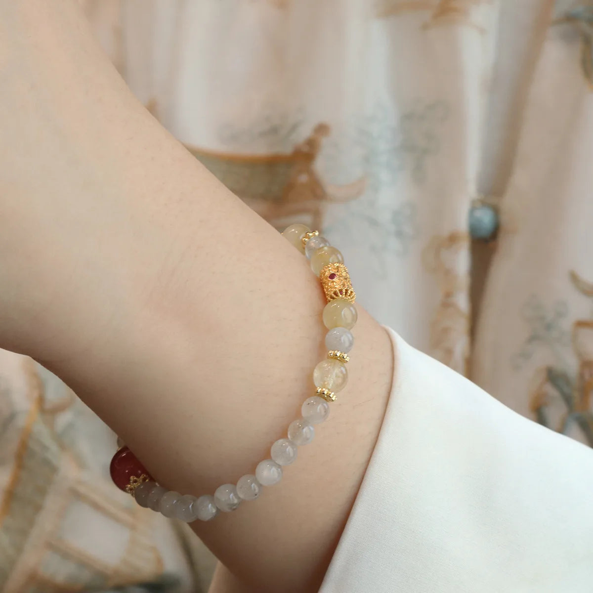 6MM Gray Moonstone Bracelet with Citrine&Strawberry Quartz, Freshwater Pearl Beaded Elastic Jewelry, Boho Healing Gift for Women