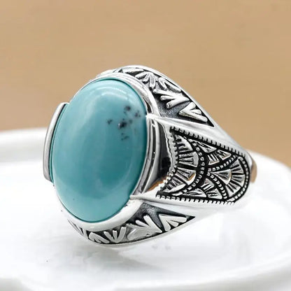 S925 Sterling Silver Inlaid Oval Turquoise Stone Men's Ring Turkish Jewelry Everyday Wear Holiday Gift