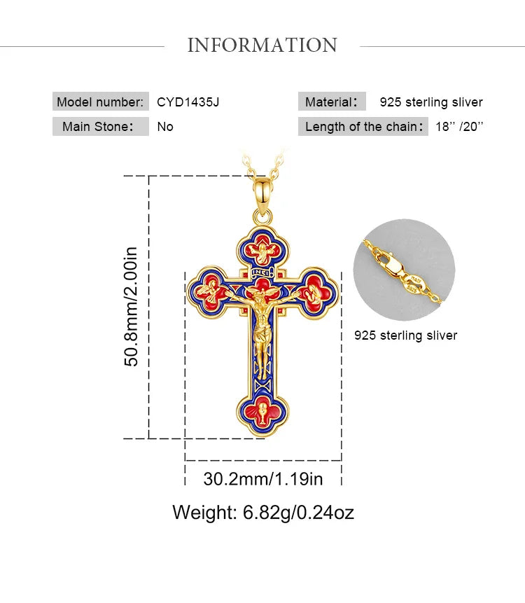 Eudora 925 Sterling Silver Jesus Crucifix Cross Necklace 18K Gold Angel Prayer Amulet Christian Pendant Exquisite Enamel Jewelry