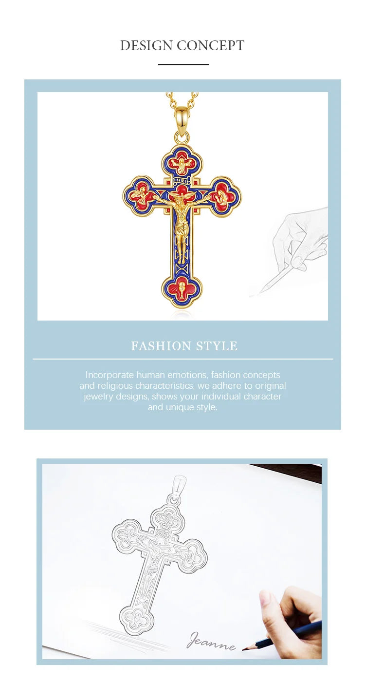Eudora 925 Sterling Silver Jesus Crucifix Cross Necklace 18K Gold Angel Prayer Amulet Christian Pendant Exquisite Enamel Jewelry