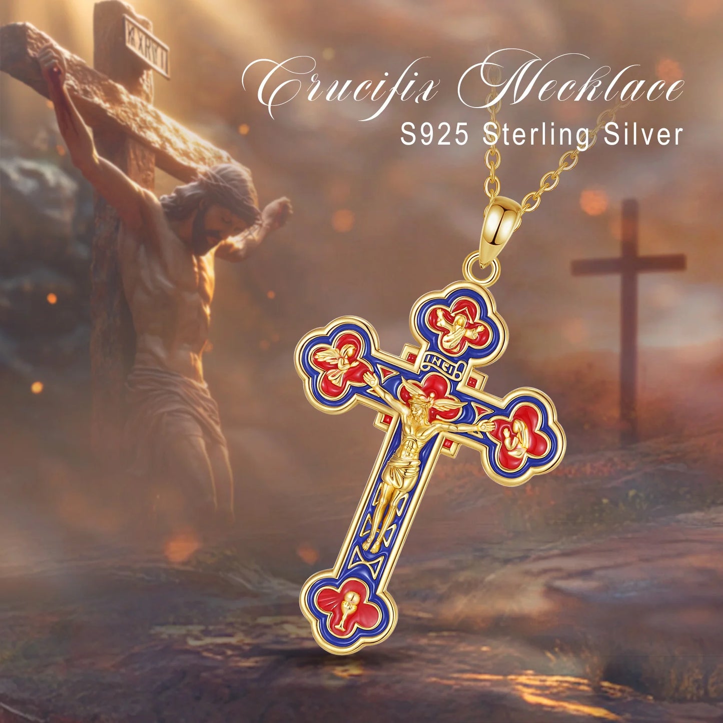 Eudora 925 Sterling Silver Jesus Crucifix Cross Necklace 18K Gold Angel Prayer Amulet Christian Pendant Exquisite Enamel Jewelry