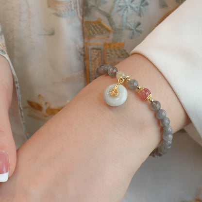 6MM Gray Moonstone Bracelet with Citrine&Strawberry Quartz, Freshwater Pearl Beaded Elastic Jewelry, Boho Healing Gift for Women